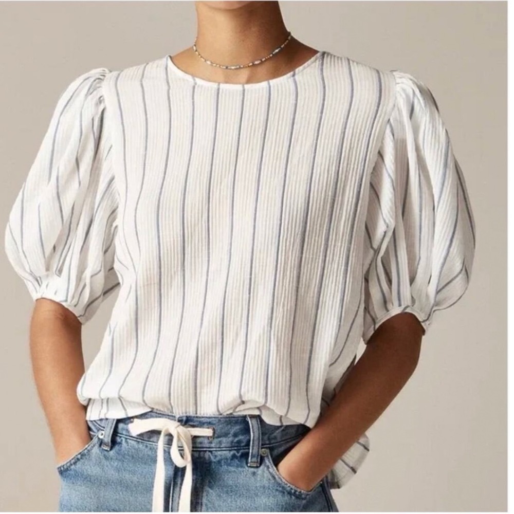 J CREW Puff sleeve top in sheer gauze blue stripe NWT XS